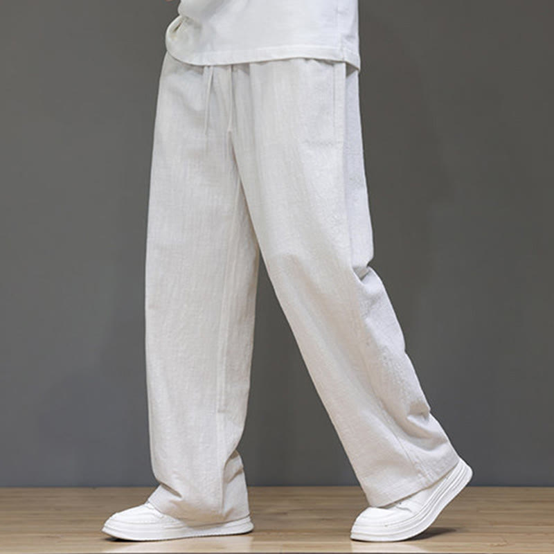 Summer Men's Cotton Linen Straight Leg Pants With Pockets