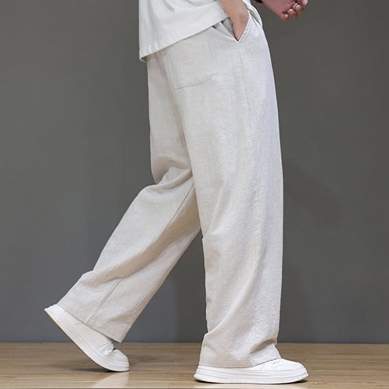 Summer Men's Cotton Linen Straight Leg Pants With Pockets