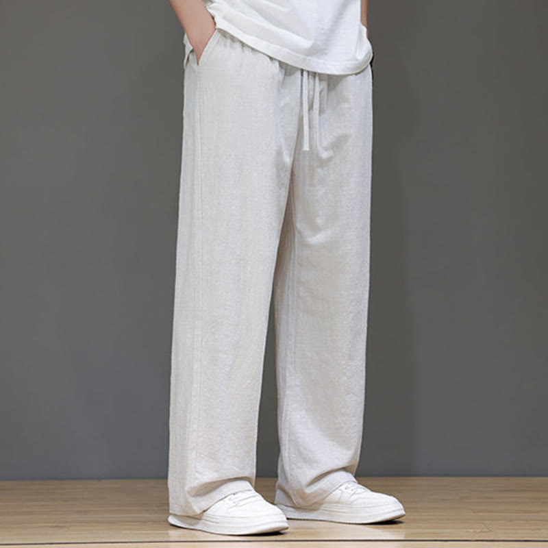Summer Men's Cotton Linen Straight Leg Pants With Pockets