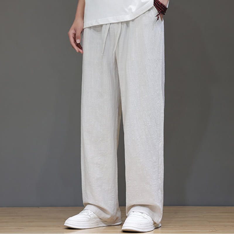 Summer Men's Cotton Linen Straight Leg Pants With Pockets