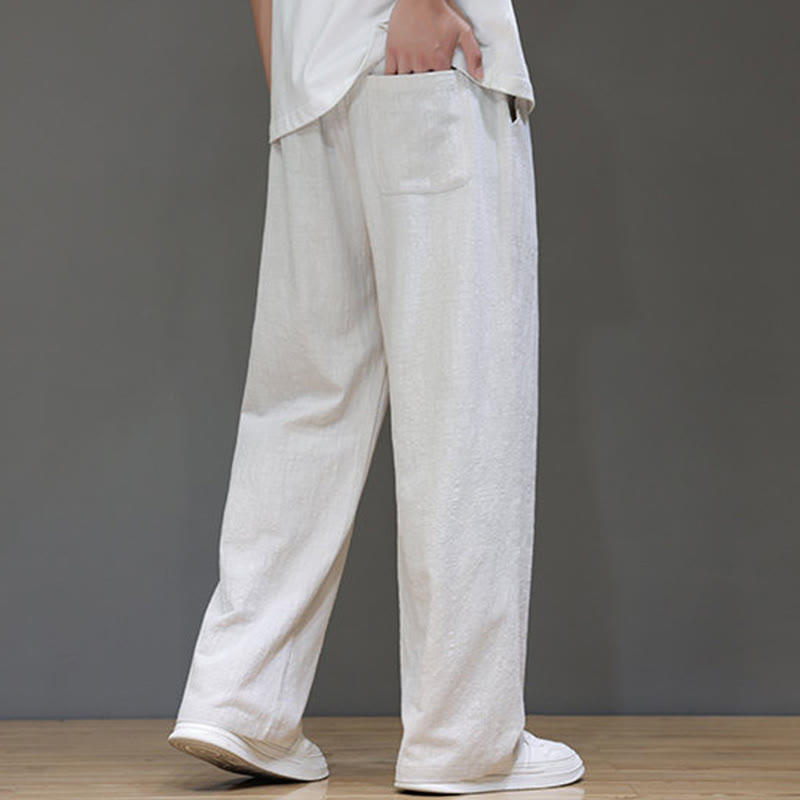 Summer Men's Cotton Linen Straight Leg Pants With Pockets