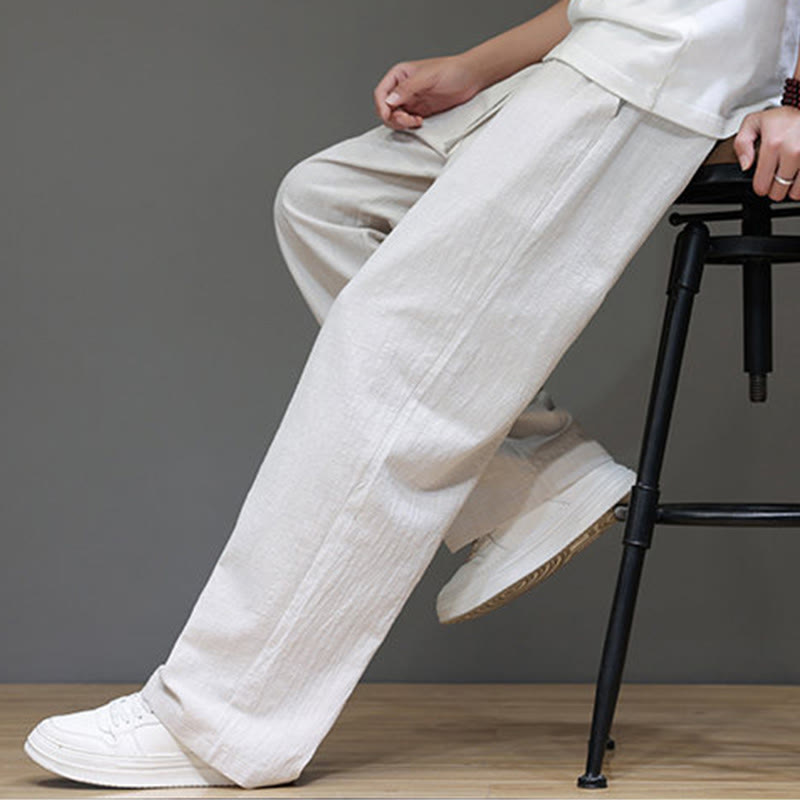 Summer Men's Cotton Linen Straight Leg Pants With Pockets