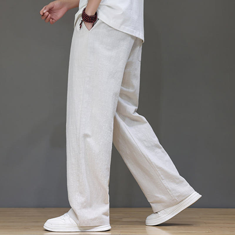 Summer Men's Cotton Linen Straight Leg Pants With Pockets