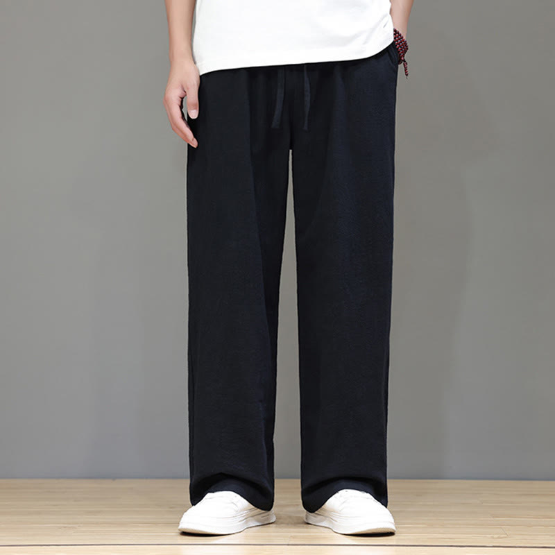 Summer Men's Cotton Linen Straight Leg Pants With Pockets