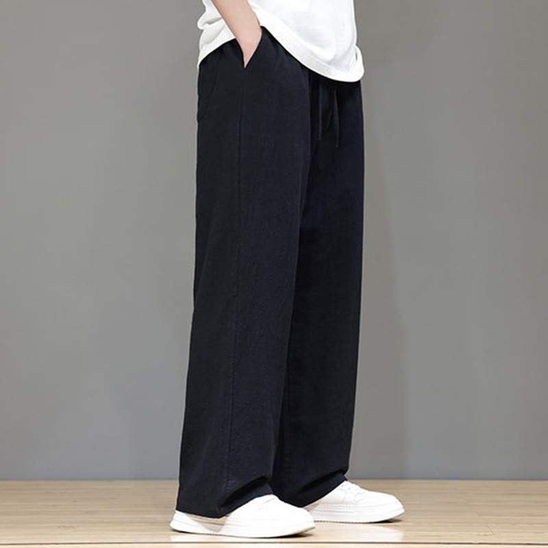 Summer Men's Cotton Linen Straight Leg Pants With Pockets