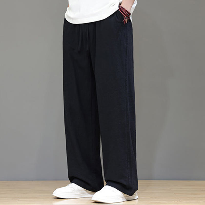 Summer Men's Cotton Linen Straight Leg Pants With Pockets