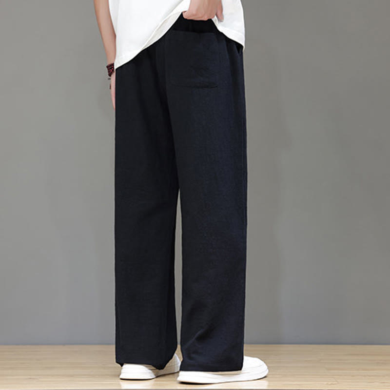 Summer Men's Cotton Linen Straight Leg Pants With Pockets