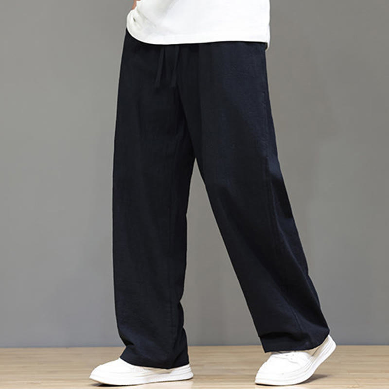 Summer Men's Cotton Linen Straight Leg Pants With Pockets