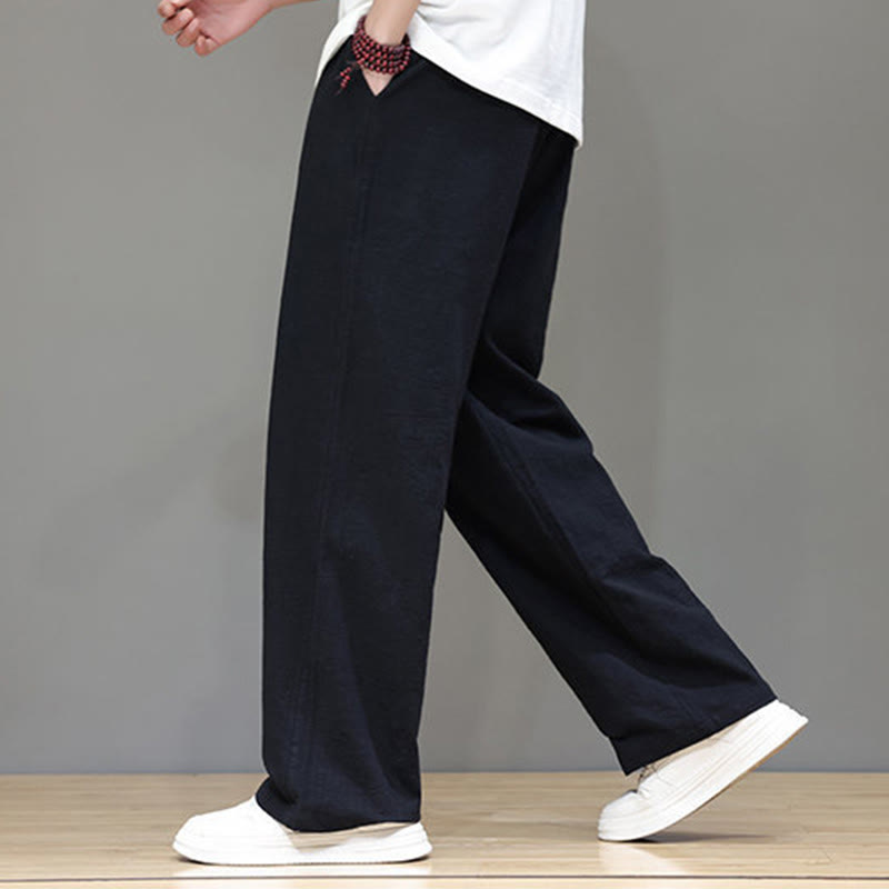 Summer Men's Cotton Linen Straight Leg Pants With Pockets
