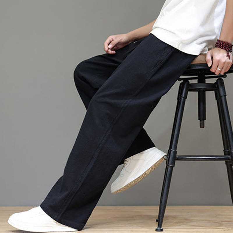 Summer Men's Cotton Linen Straight Leg Pants With Pockets