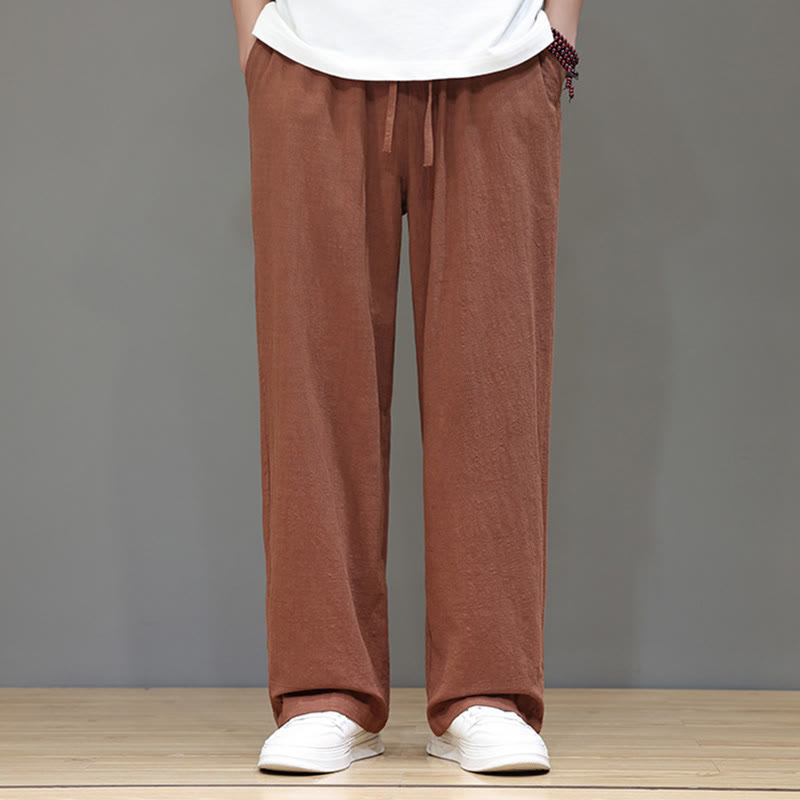 Summer Men's Cotton Linen Straight Leg Pants With Pockets