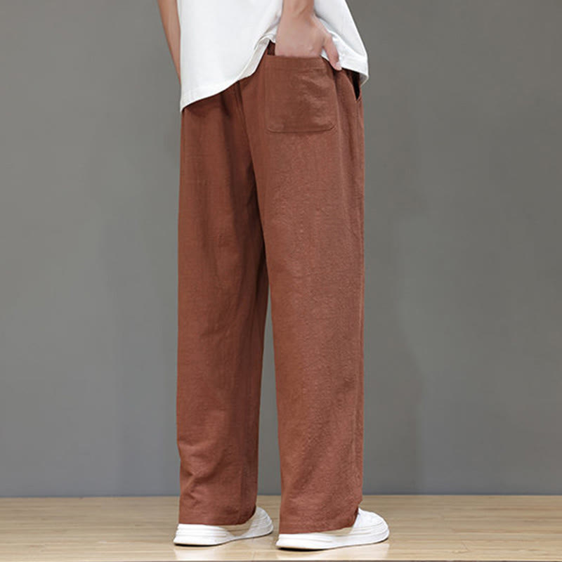 Summer Men's Cotton Linen Straight Leg Pants With Pockets