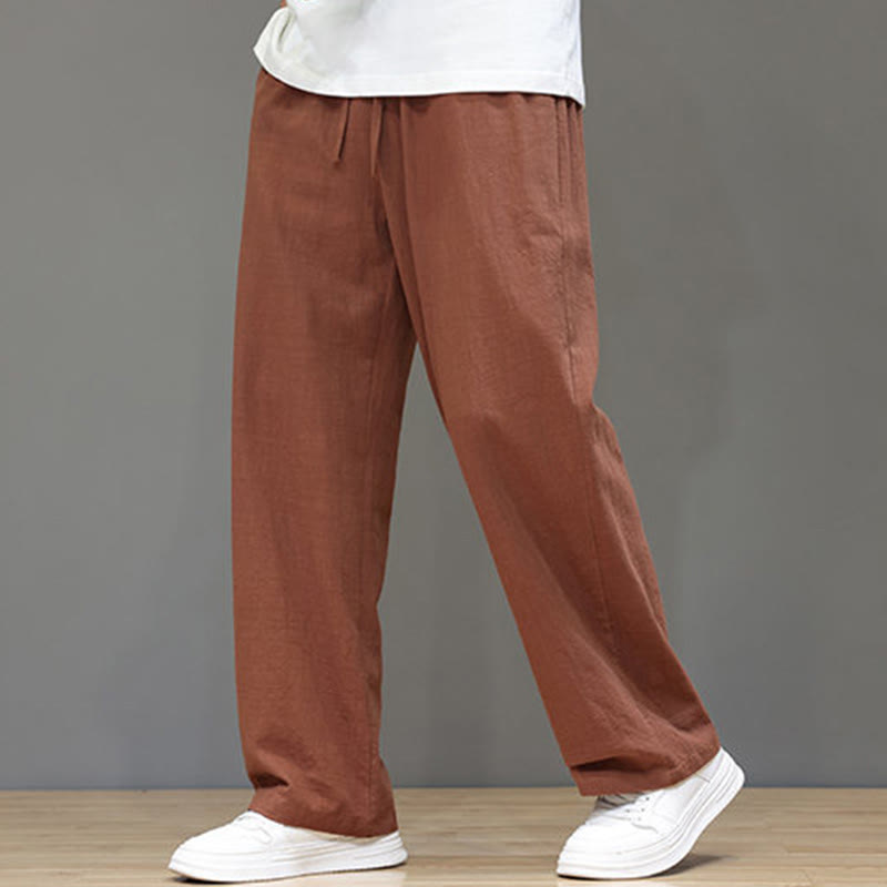 Summer Men's Cotton Linen Straight Leg Pants With Pockets
