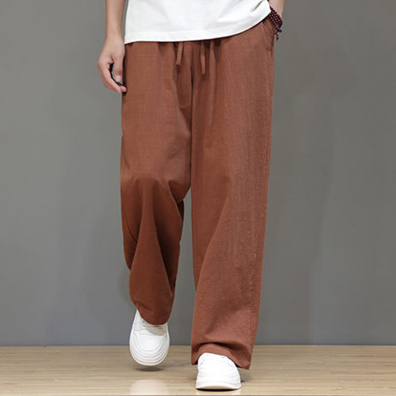 Summer Men's Cotton Linen Straight Leg Pants With Pockets