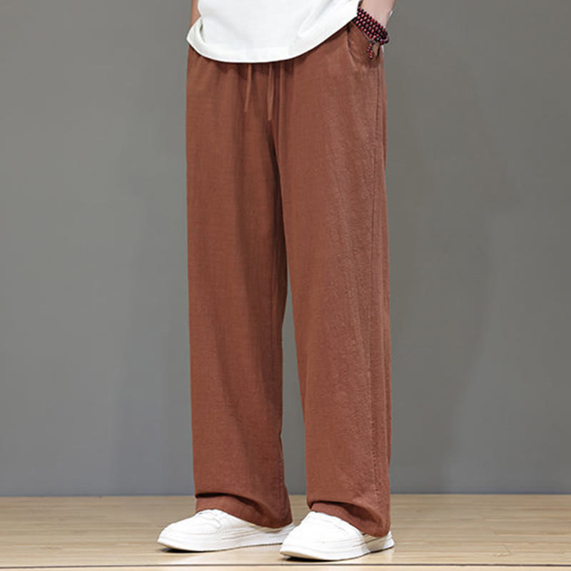 Summer Men's Cotton Linen Straight Leg Pants With Pockets