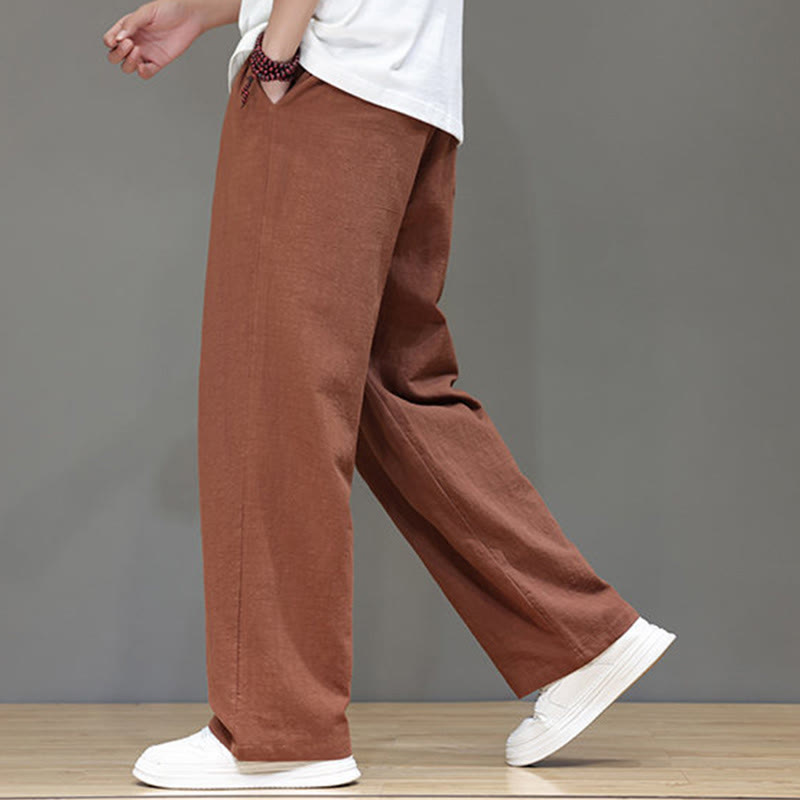 Summer Men's Cotton Linen Straight Leg Pants With Pockets