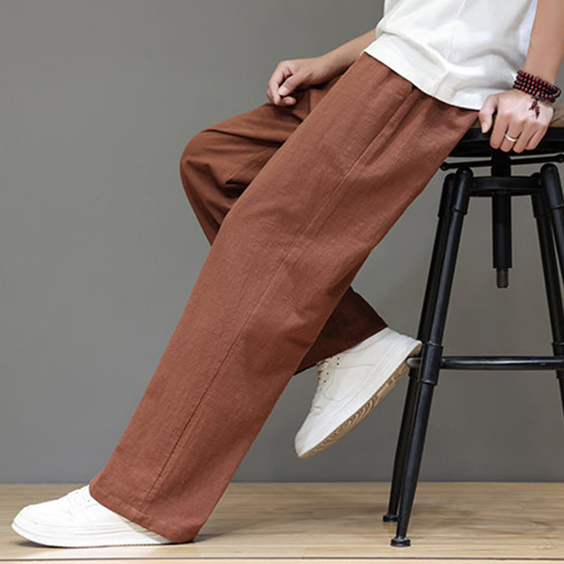 Summer Men's Cotton Linen Straight Leg Pants With Pockets