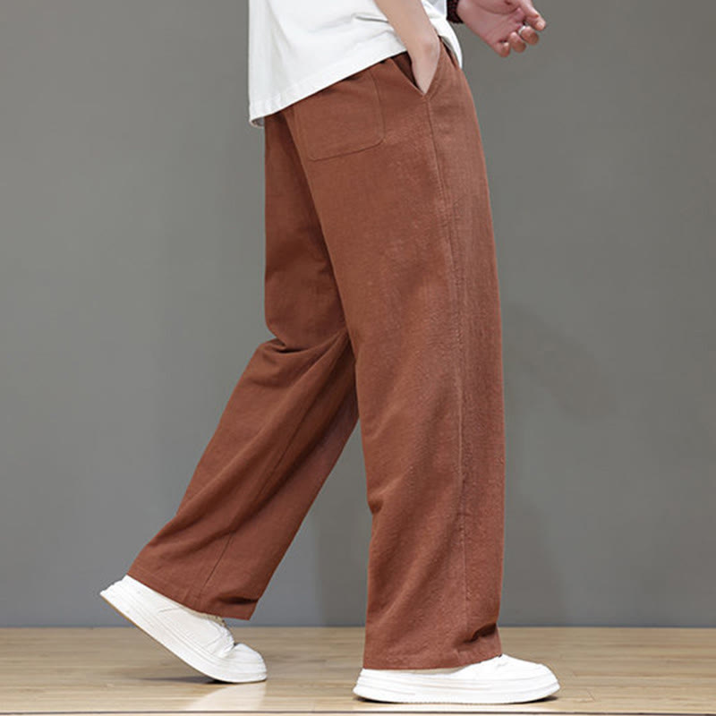 Summer Men's Cotton Linen Straight Leg Pants With Pockets