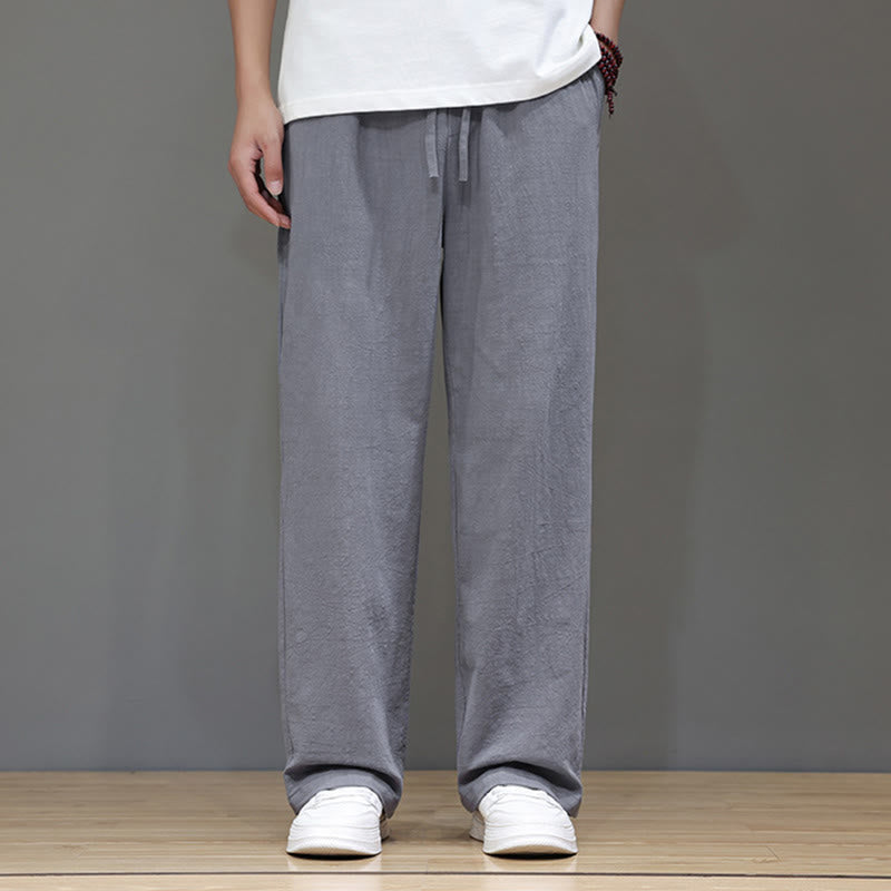 Summer Men's Cotton Linen Straight Leg Pants With Pockets
