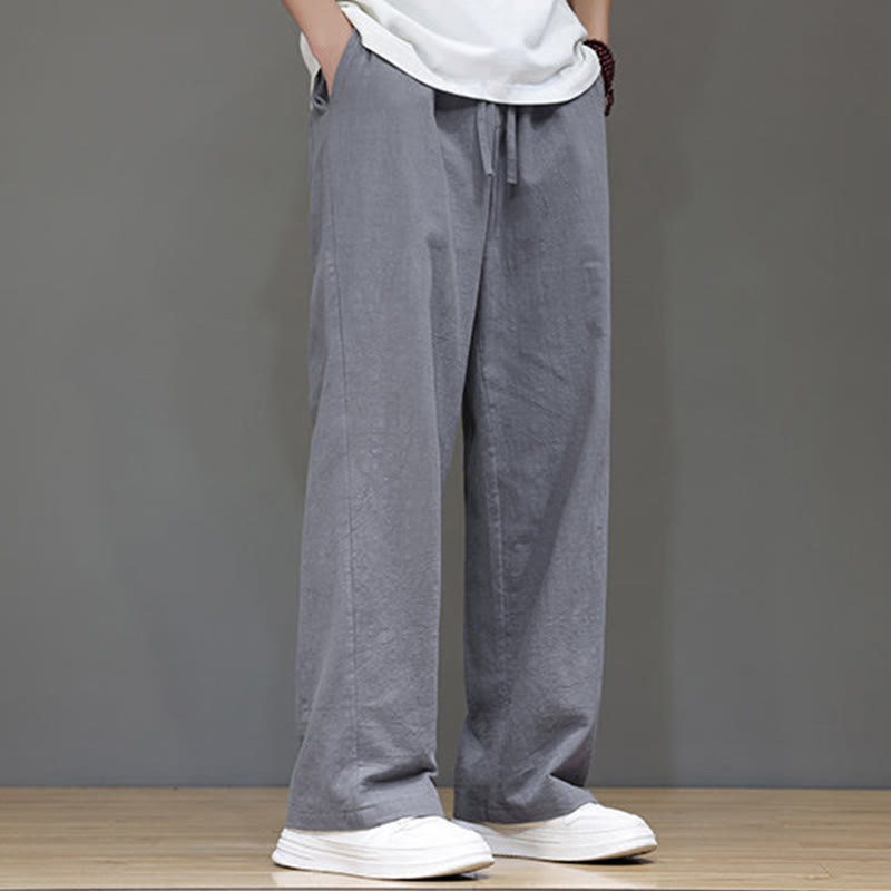 Summer Men's Cotton Linen Straight Leg Pants With Pockets