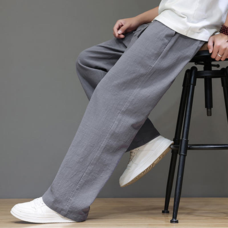 Summer Men's Cotton Linen Straight Leg Pants With Pockets