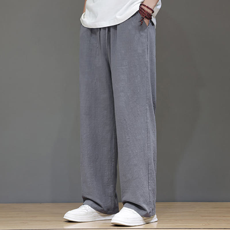 Summer Men's Cotton Linen Straight Leg Pants With Pockets