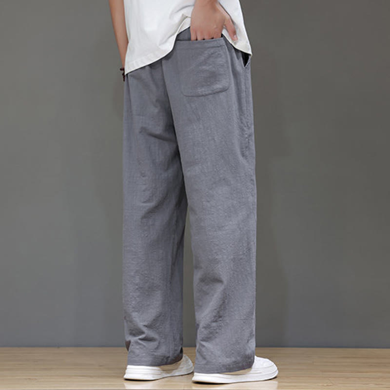 Summer Men's Cotton Linen Straight Leg Pants With Pockets