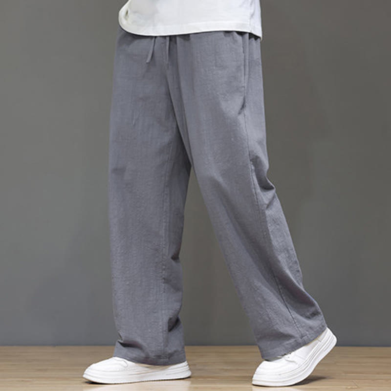 Summer Men's Cotton Linen Straight Leg Pants With Pockets