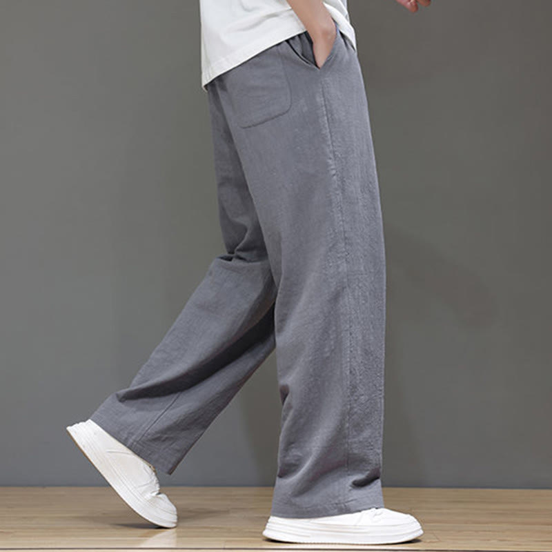 Summer Men's Cotton Linen Straight Leg Pants With Pockets