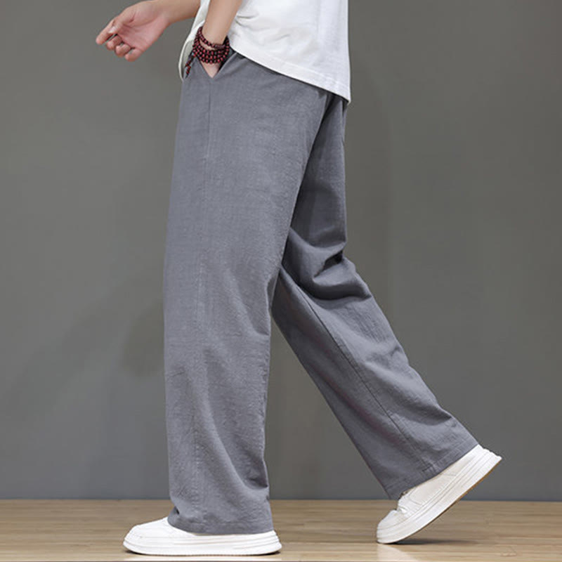 Summer Men's Cotton Linen Straight Leg Pants With Pockets