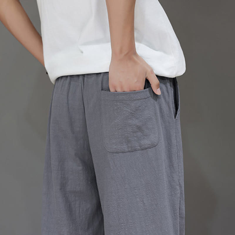 Summer Men's Cotton Linen Straight Leg Pants With Pockets