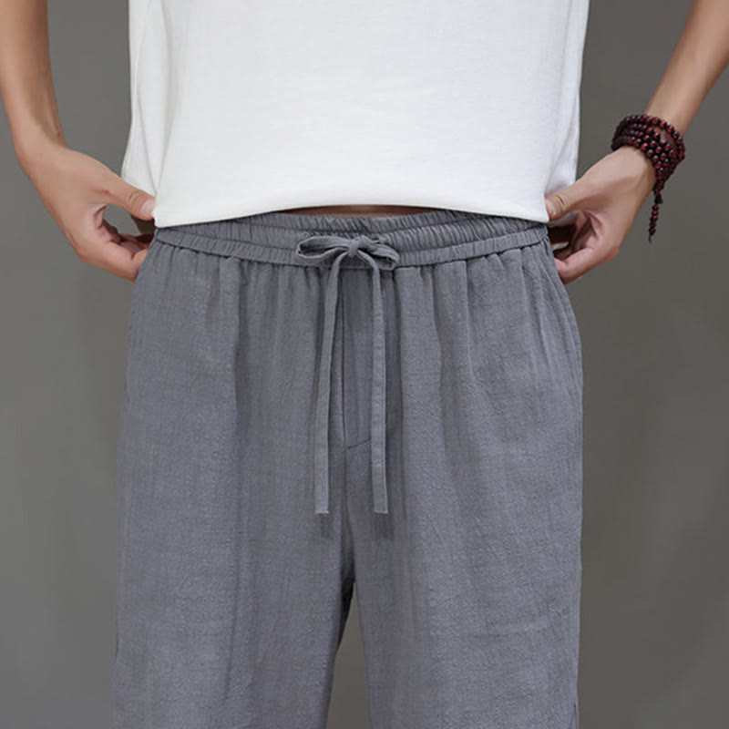 Summer Men's Cotton Linen Straight Leg Pants With Pockets