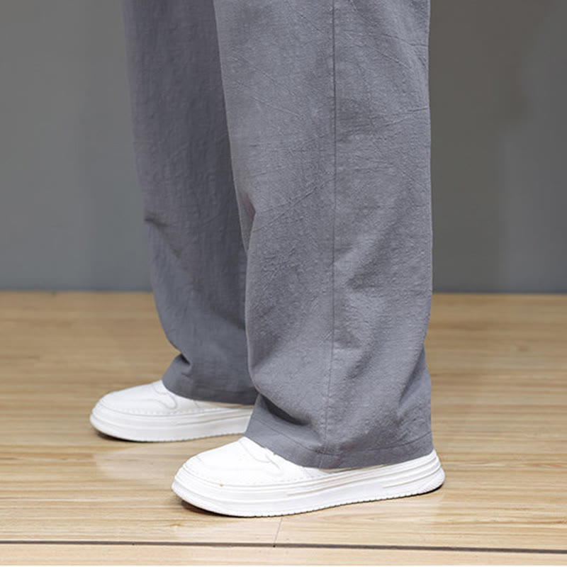 Summer Men's Cotton Linen Straight Leg Pants With Pockets
