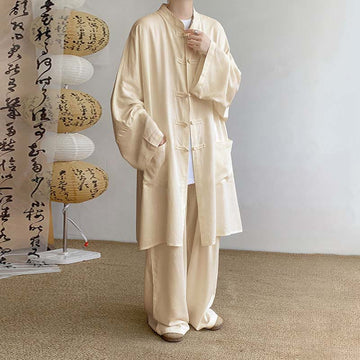 2Pcs Men's Long Sleeve Frog-Button Shirt Pants Meditation Zen Cotton Clothing Set