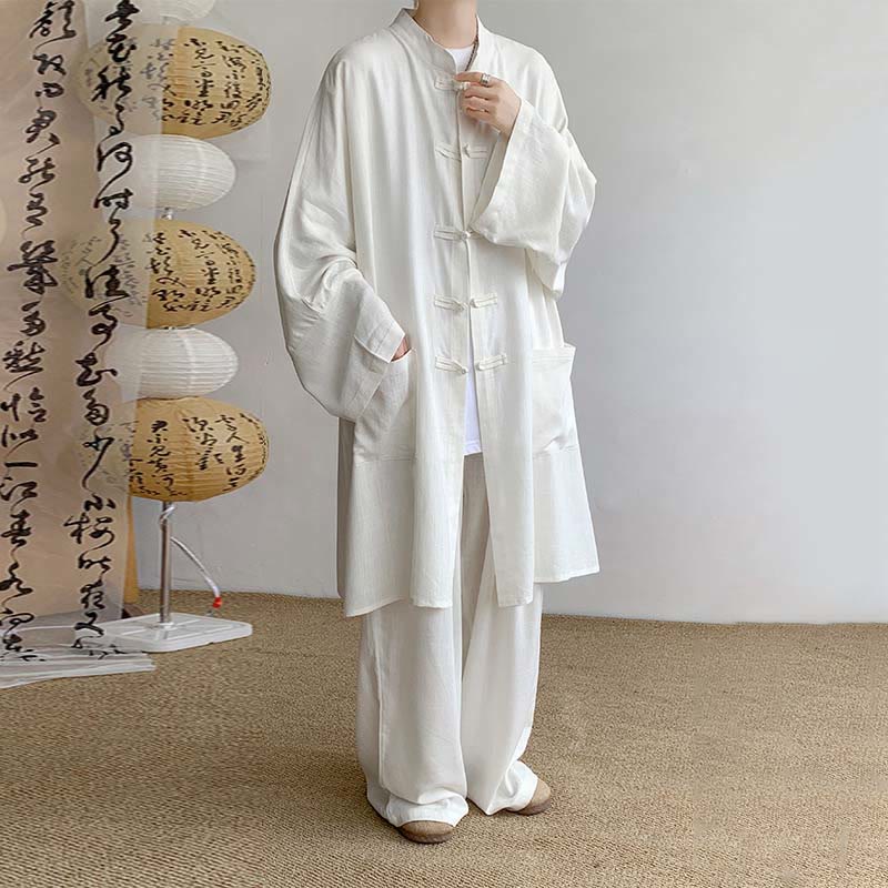 2Pcs Men's Long Sleeve Frog-Button Shirt Pants Meditation Zen Cotton Clothing Set