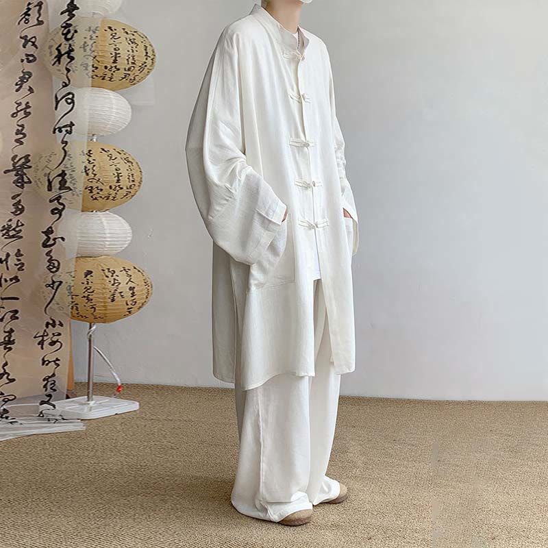 2Pcs Men's Long Sleeve Frog-Button Shirt Pants Meditation Zen Cotton Clothing Set