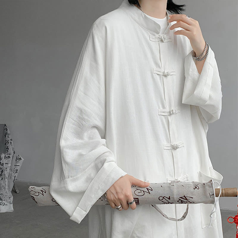 2Pcs Men's Long Sleeve Frog-Button Shirt Pants Meditation Zen Cotton Clothing Set