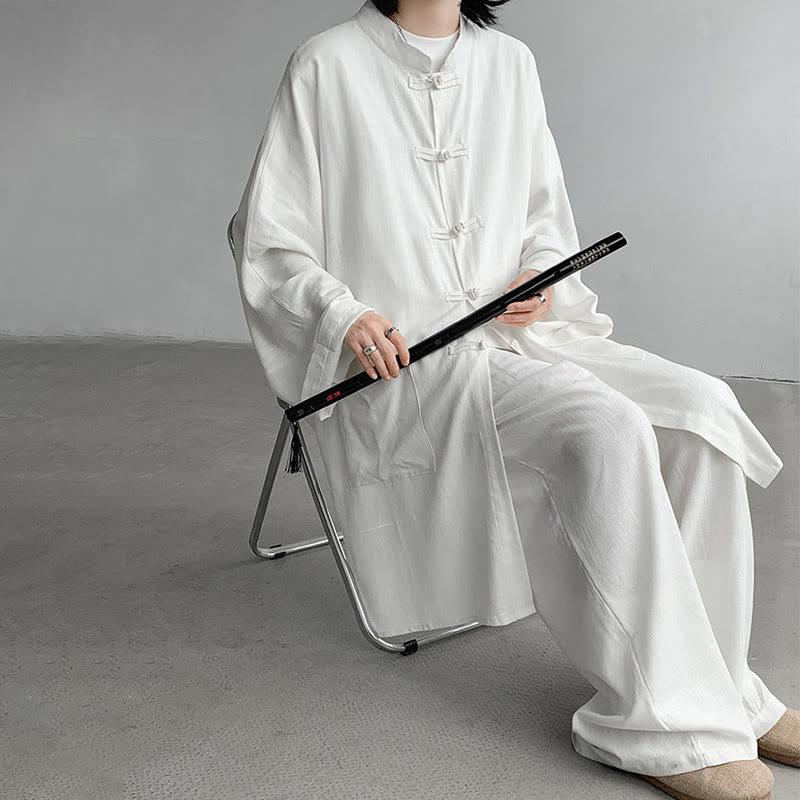 2Pcs Men's Long Sleeve Frog-Button Shirt Pants Meditation Zen Cotton Clothing Set