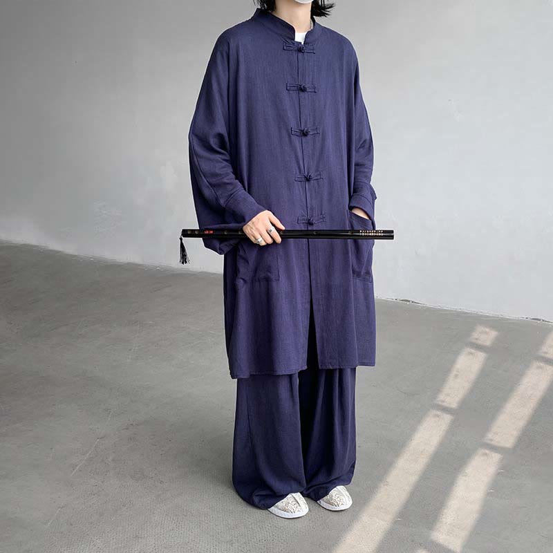 2Pcs Men's Long Sleeve Frog-Button Shirt Pants Meditation Zen Cotton Clothing Set