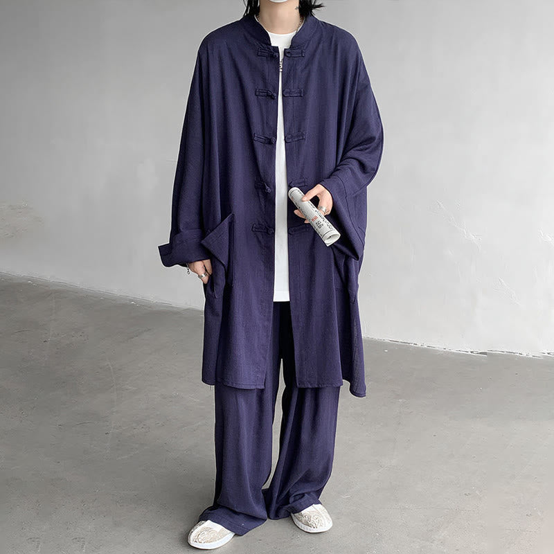 2Pcs Men's Long Sleeve Frog-Button Shirt Pants Meditation Zen Cotton Clothing Set