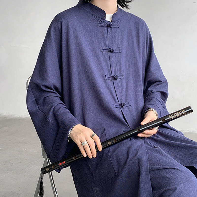 2Pcs Men's Long Sleeve Frog-Button Shirt Pants Meditation Zen Cotton Clothing Set