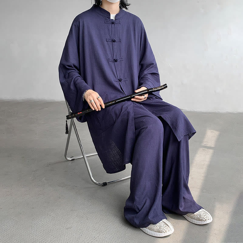 2Pcs Men's Long Sleeve Frog-Button Shirt Pants Meditation Zen Cotton Clothing Set