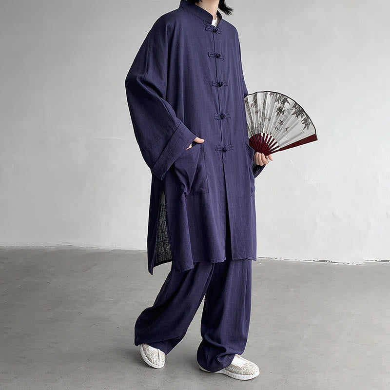 2Pcs Men's Long Sleeve Frog-Button Shirt Pants Meditation Zen Cotton Clothing Set