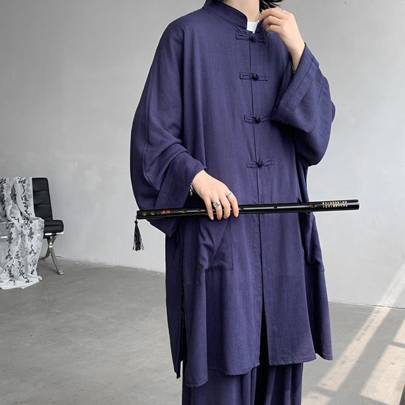 2Pcs Men's Long Sleeve Frog-Button Shirt Pants Meditation Zen Cotton Clothing Set