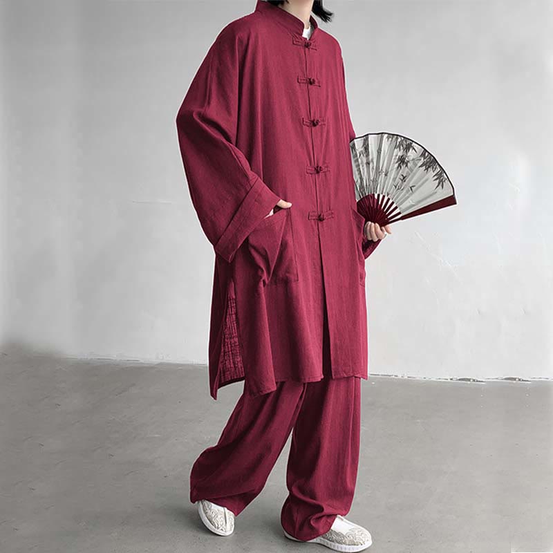 2Pcs Men's Long Sleeve Frog-Button Shirt Pants Meditation Zen Cotton Clothing Set