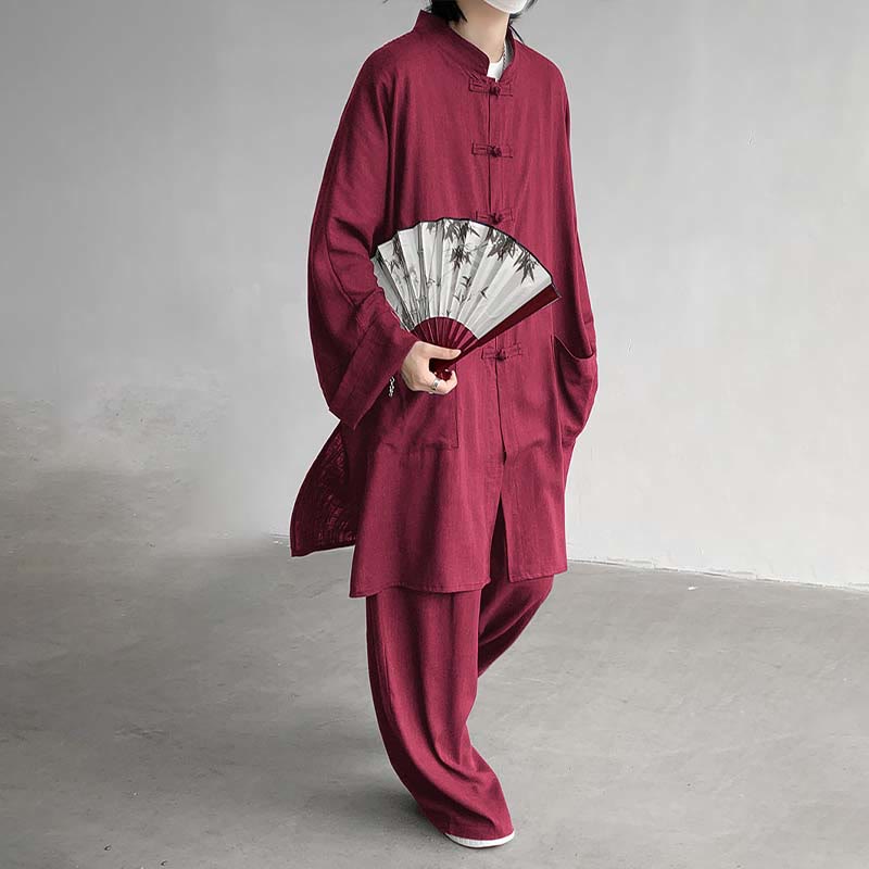 2Pcs Men's Long Sleeve Frog-Button Shirt Pants Meditation Zen Cotton Clothing Set