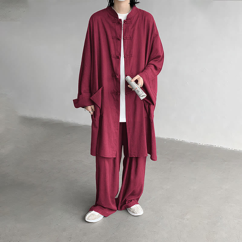 2Pcs Men's Long Sleeve Frog-Button Shirt Pants Meditation Zen Cotton Clothing Set