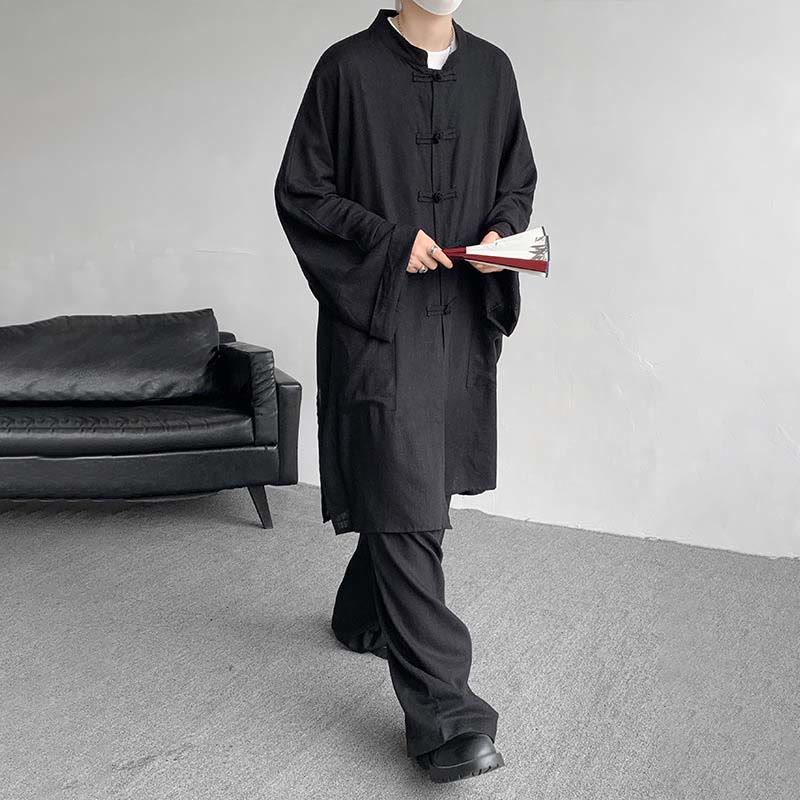 2Pcs Men's Long Sleeve Frog-Button Shirt Pants Meditation Zen Cotton Clothing Set