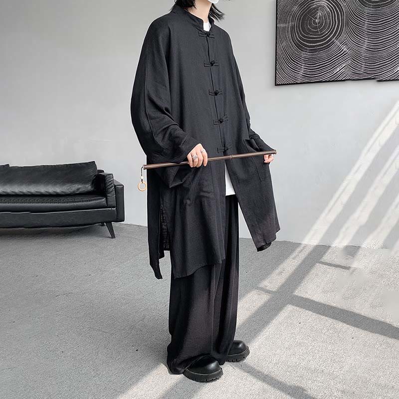 2Pcs Men's Long Sleeve Frog-Button Shirt Pants Meditation Zen Cotton Clothing Set