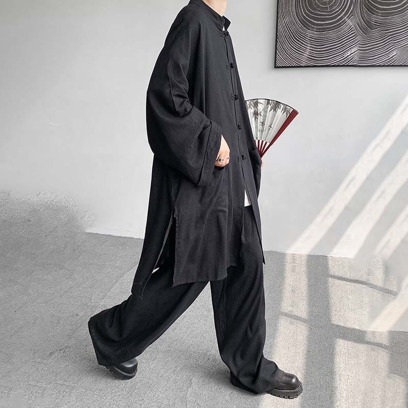 2Pcs Men's Long Sleeve Frog-Button Shirt Pants Meditation Zen Cotton Clothing Set